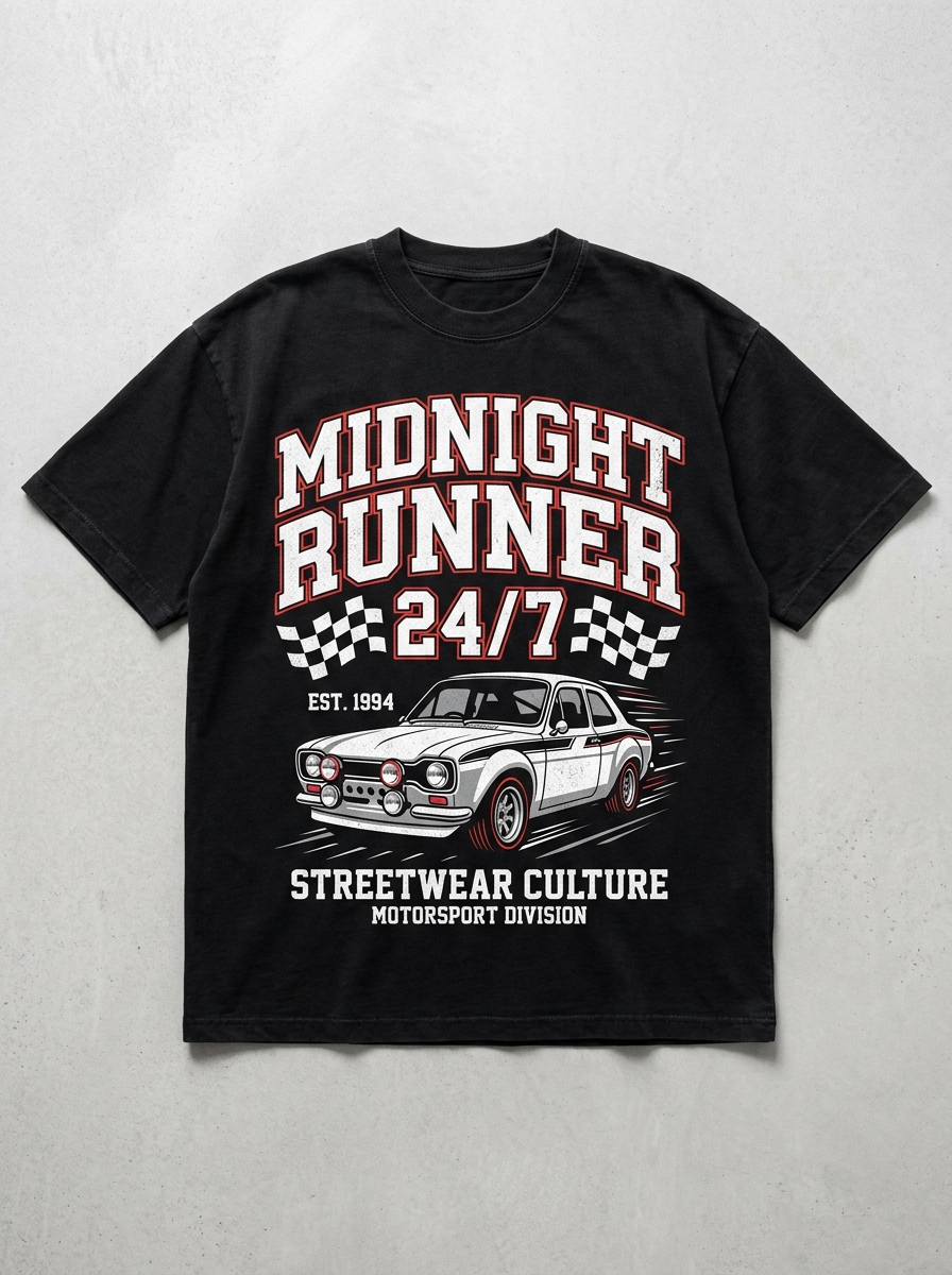 T-Shirt Streetwear "Midnight Runner 24/7" — Schwarz Oversize Oversize Streetwear T-Shirt – Frontansicht | StilWerk