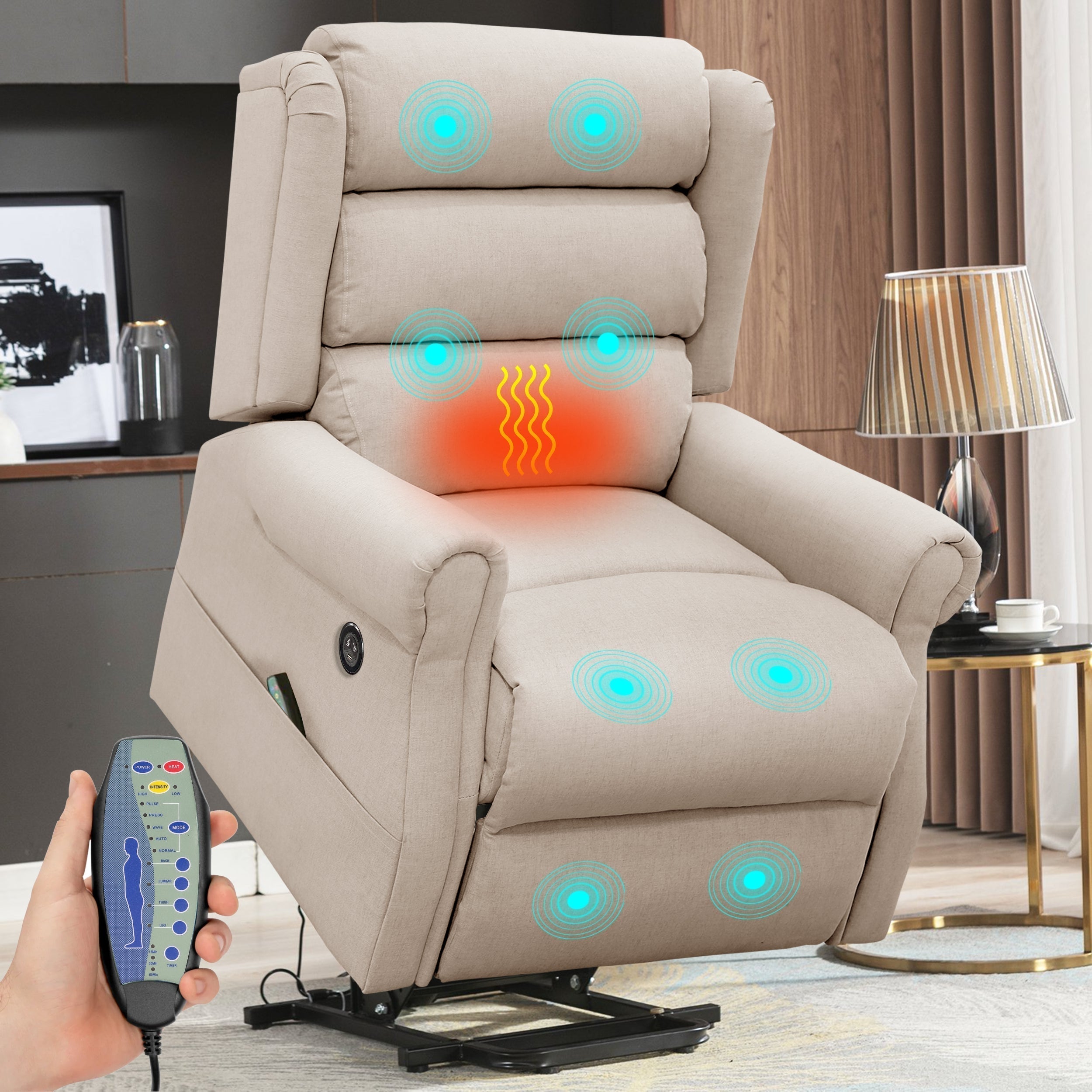 Beige beheizbarer Massagesessel mit Liftfunktion für maximalen Komfort.