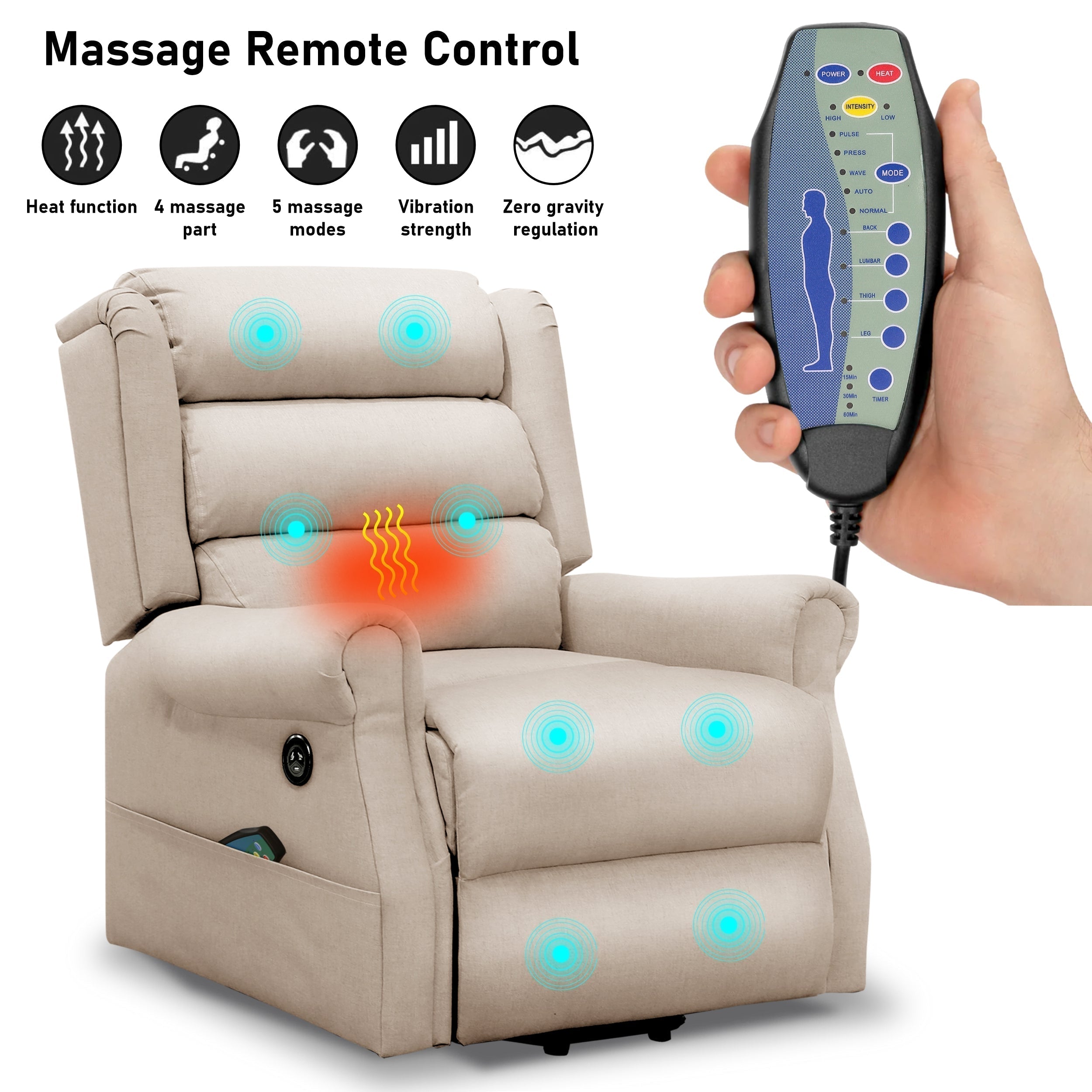 Beige beheizbarer Massagesessel mit Liftfunktion für maximalen Komfort. 3