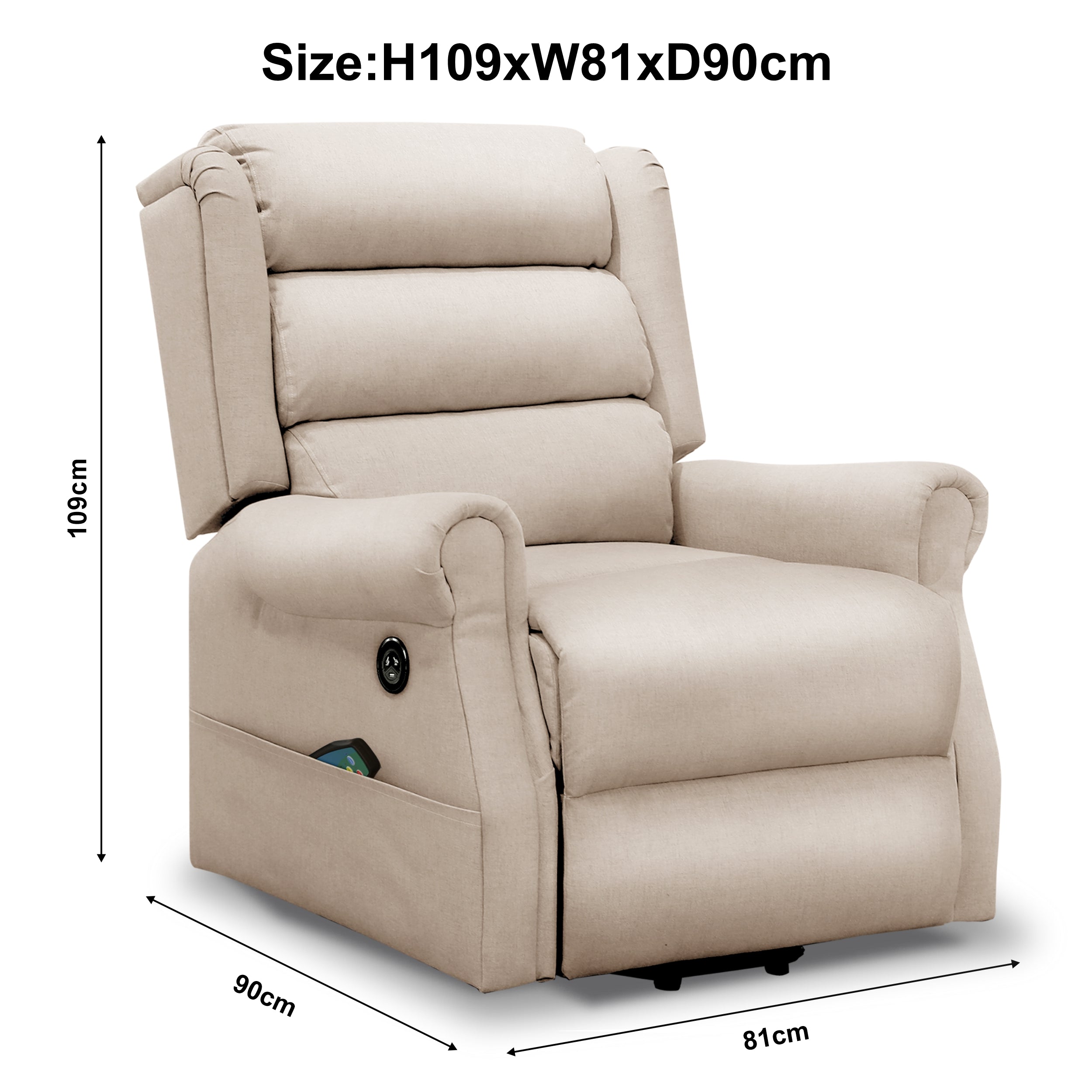 Beige beheizbarer Massagesessel mit Liftfunktion für maximalen Komfort. 7