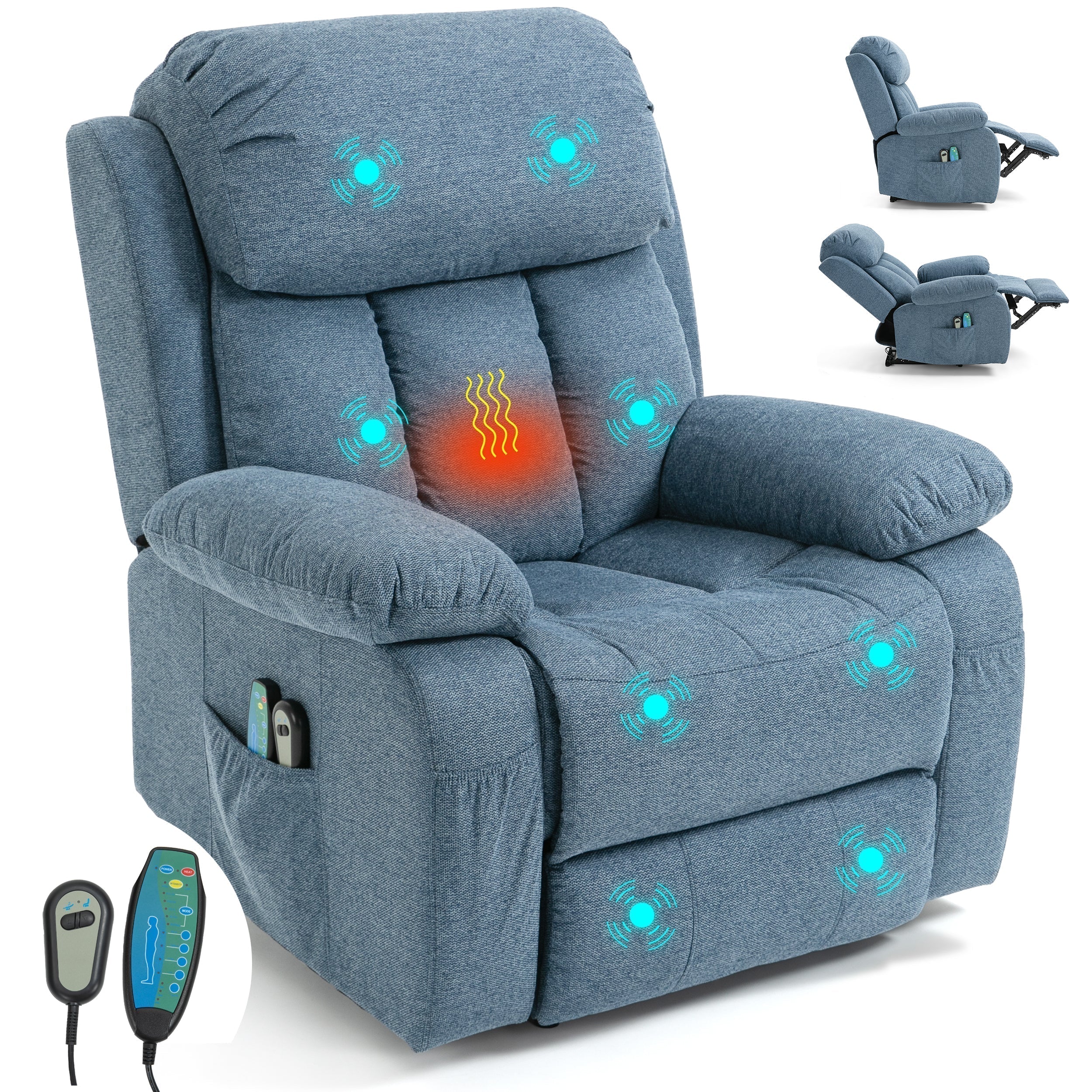 Blisswood atmungsaktiver blauer Stoff Sessel mit Wärme und Massage