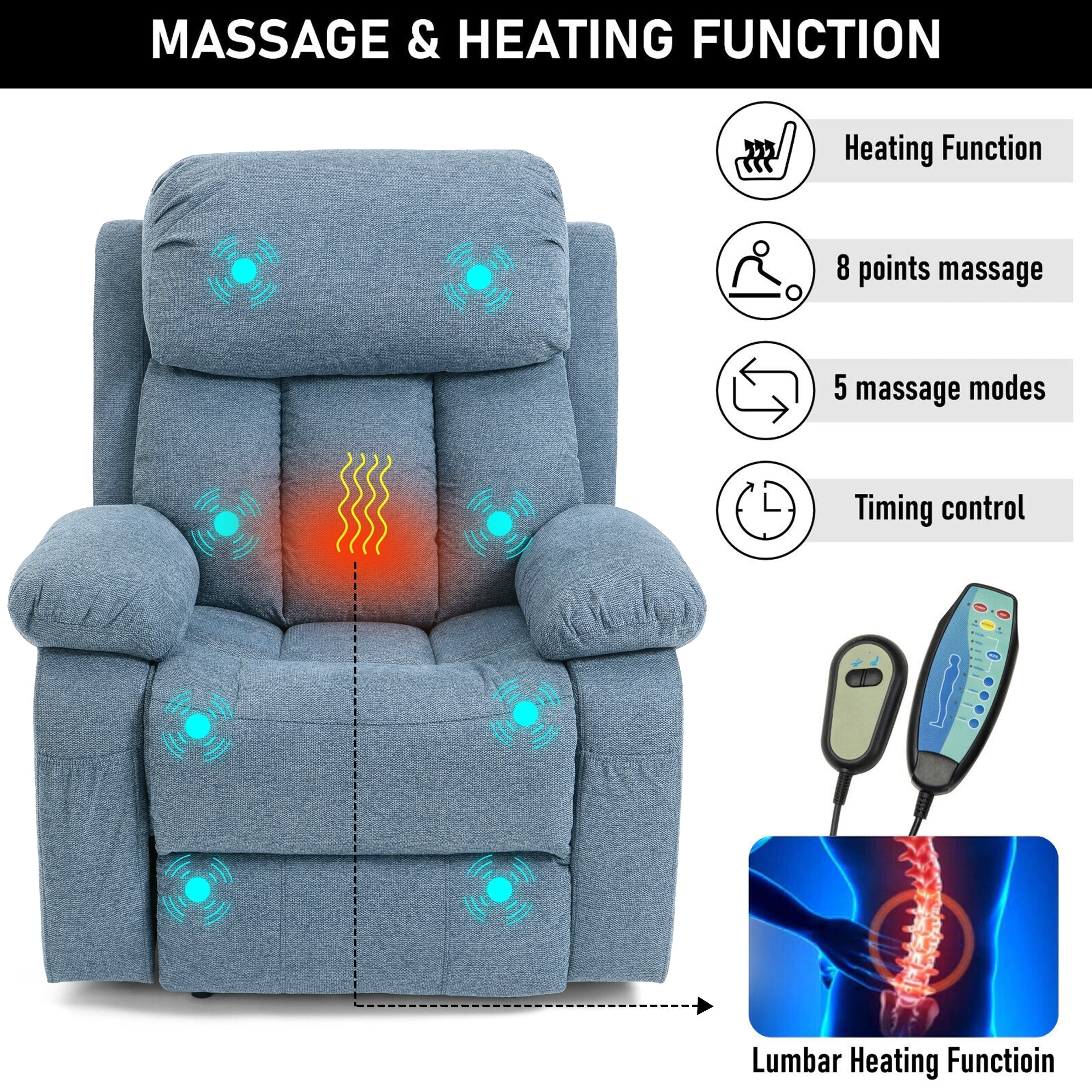 Blisswood atmungsaktiver blauer Stoff Sessel mit Wärme und Massage 3