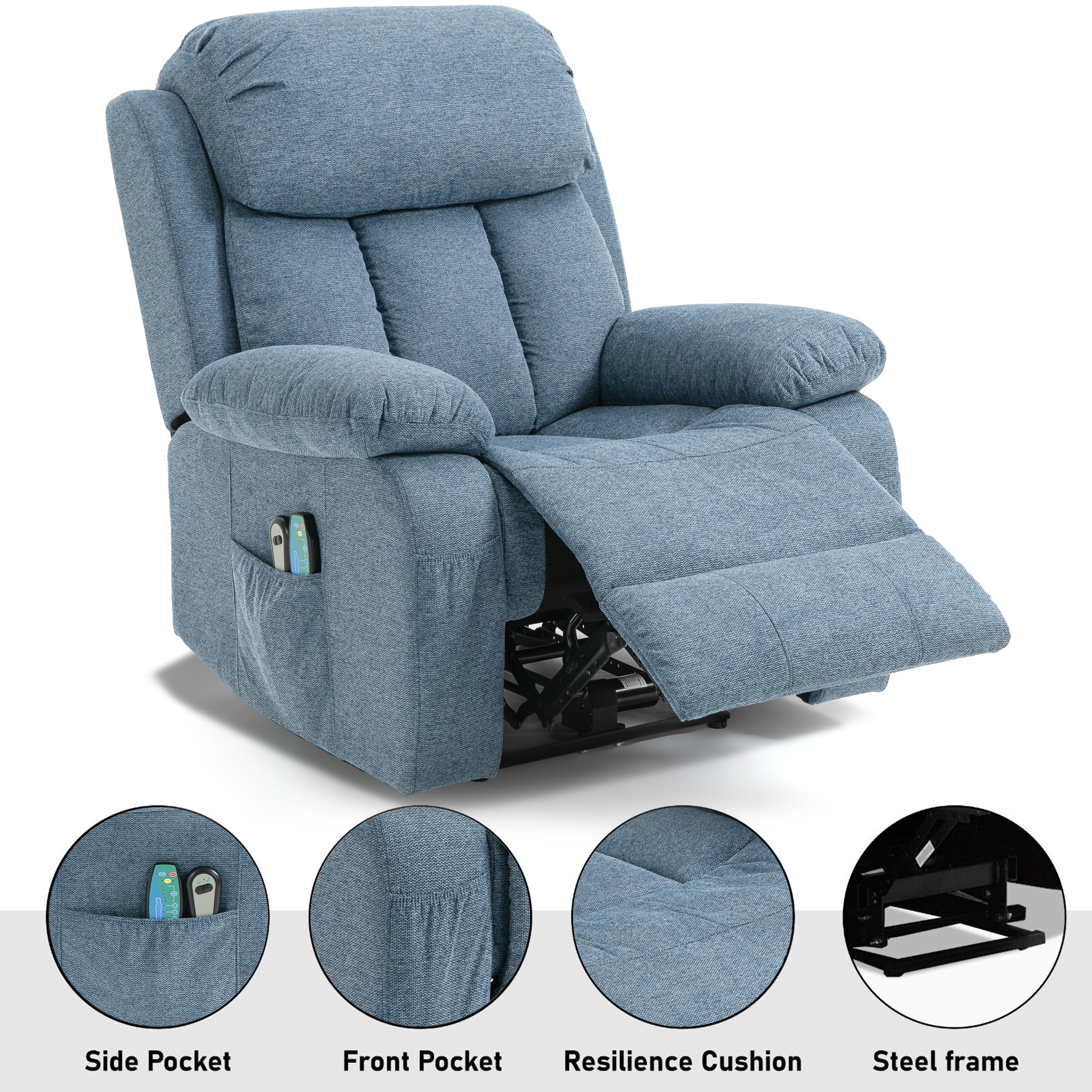 Blisswood atmungsaktiver blauer Stoff Sessel mit Wärme und Massage 6