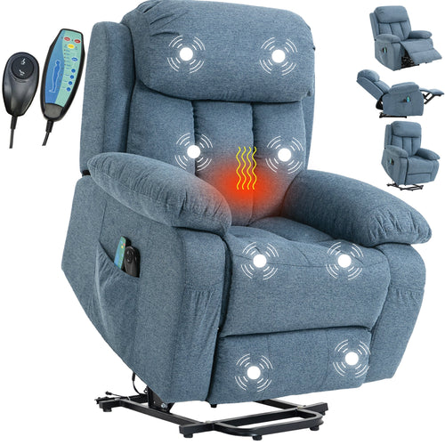 Blauer Heiz- und Massage-Stuhl mit Liftfunktion für ultimativen Komfort.