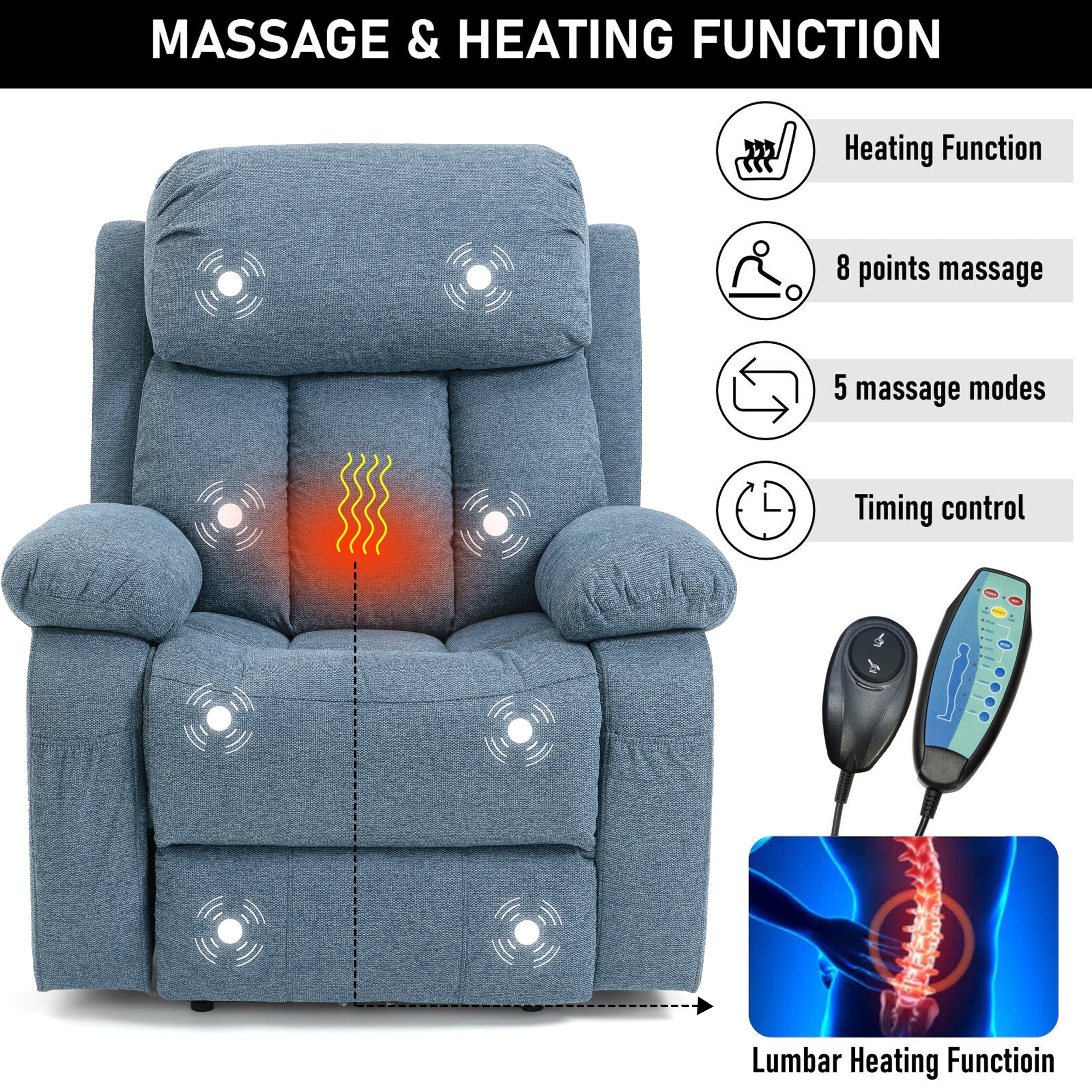 Blauer Heiz- und Massage-Stuhl mit Liftfunktion für ultimativen Komfort. 2