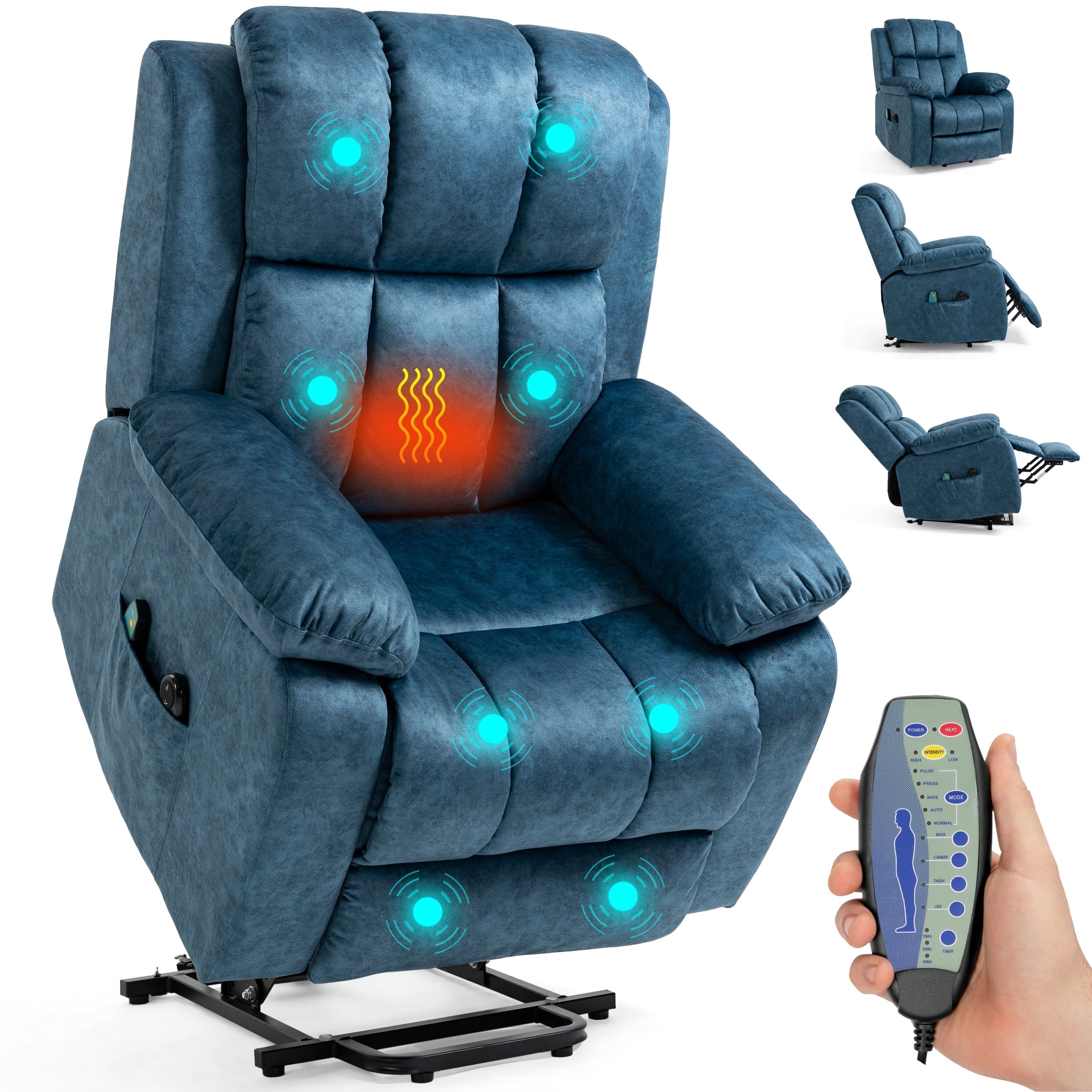 Blisswood blauer Samt Relaxsessel mit Massage- und Heizfunktion. 2