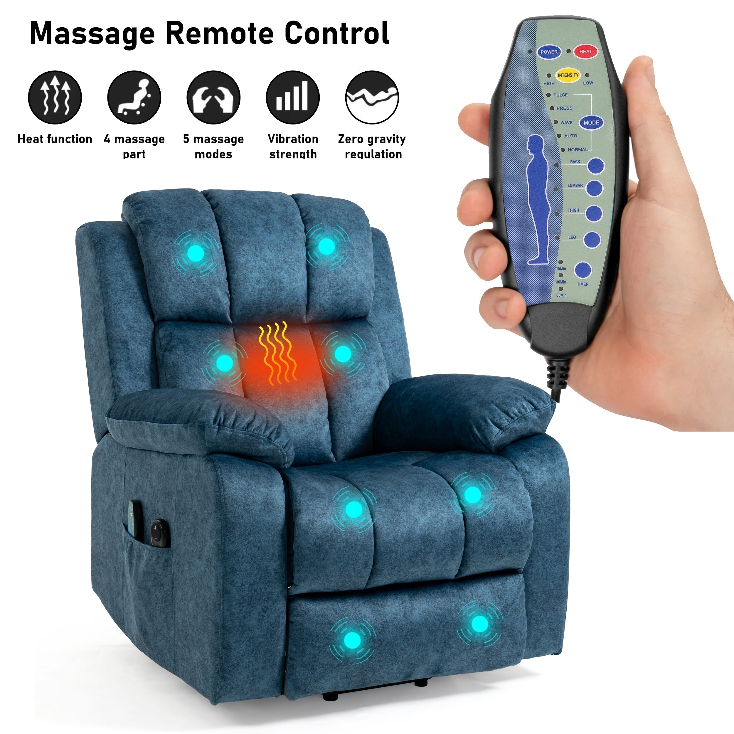 Blisswood blauer Samt Relaxsessel mit Massage- und Heizfunktion. 4