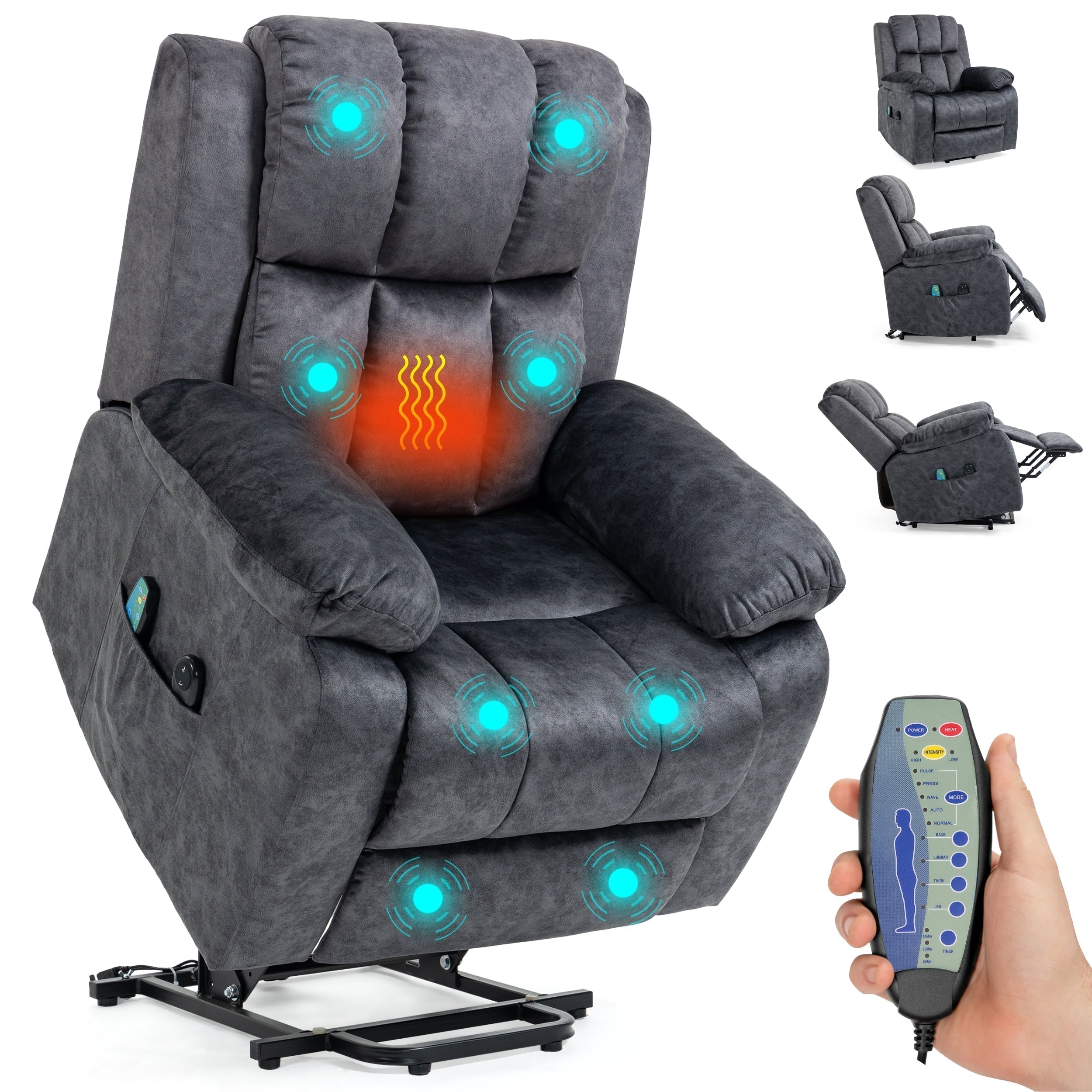 Blisswood Dunkelgrauer Samt Relaxsessel mit Massage und Heizfunktion 2
