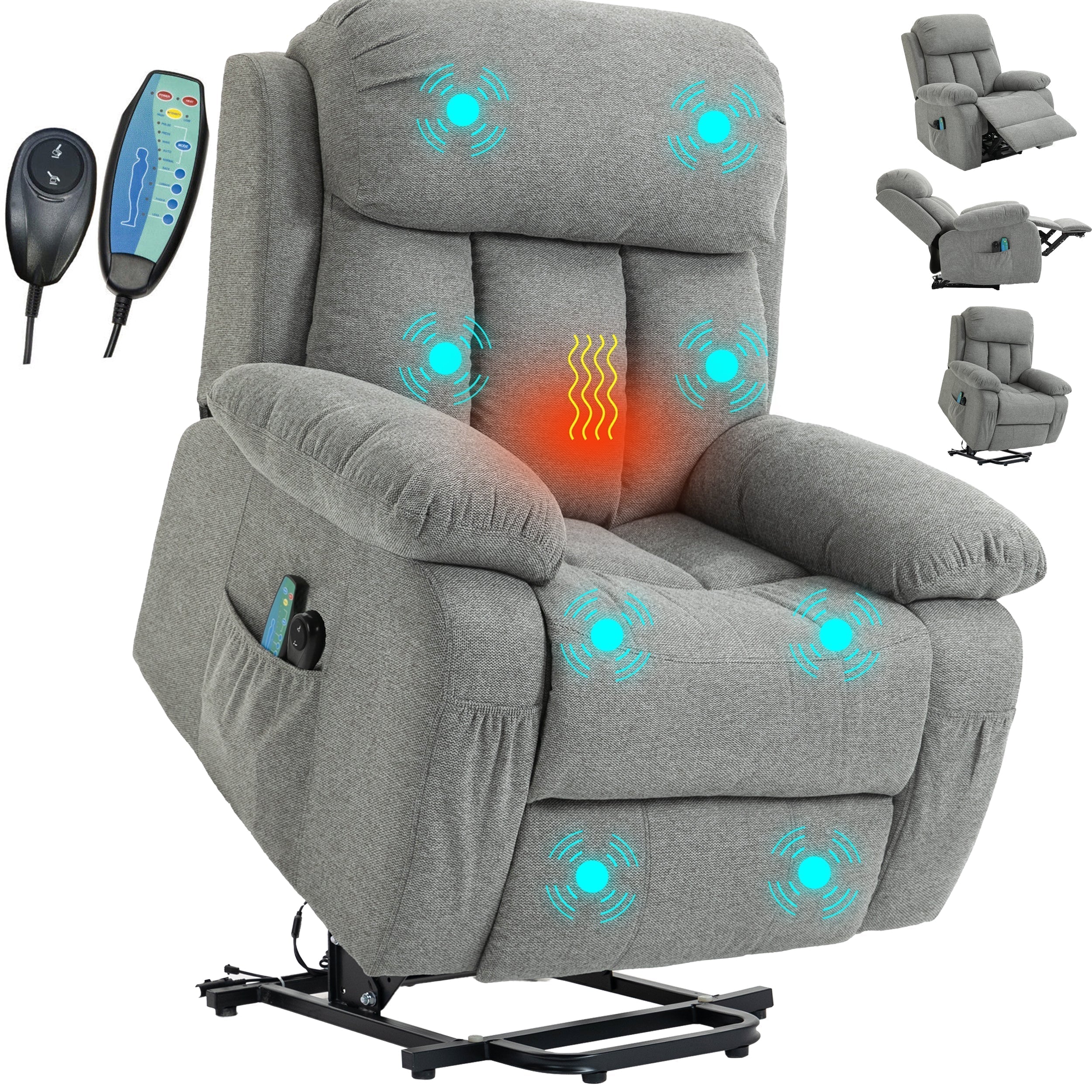 Bequemer grauer Heiz- und Massage-Stoffarmstuhl mit Lift-up