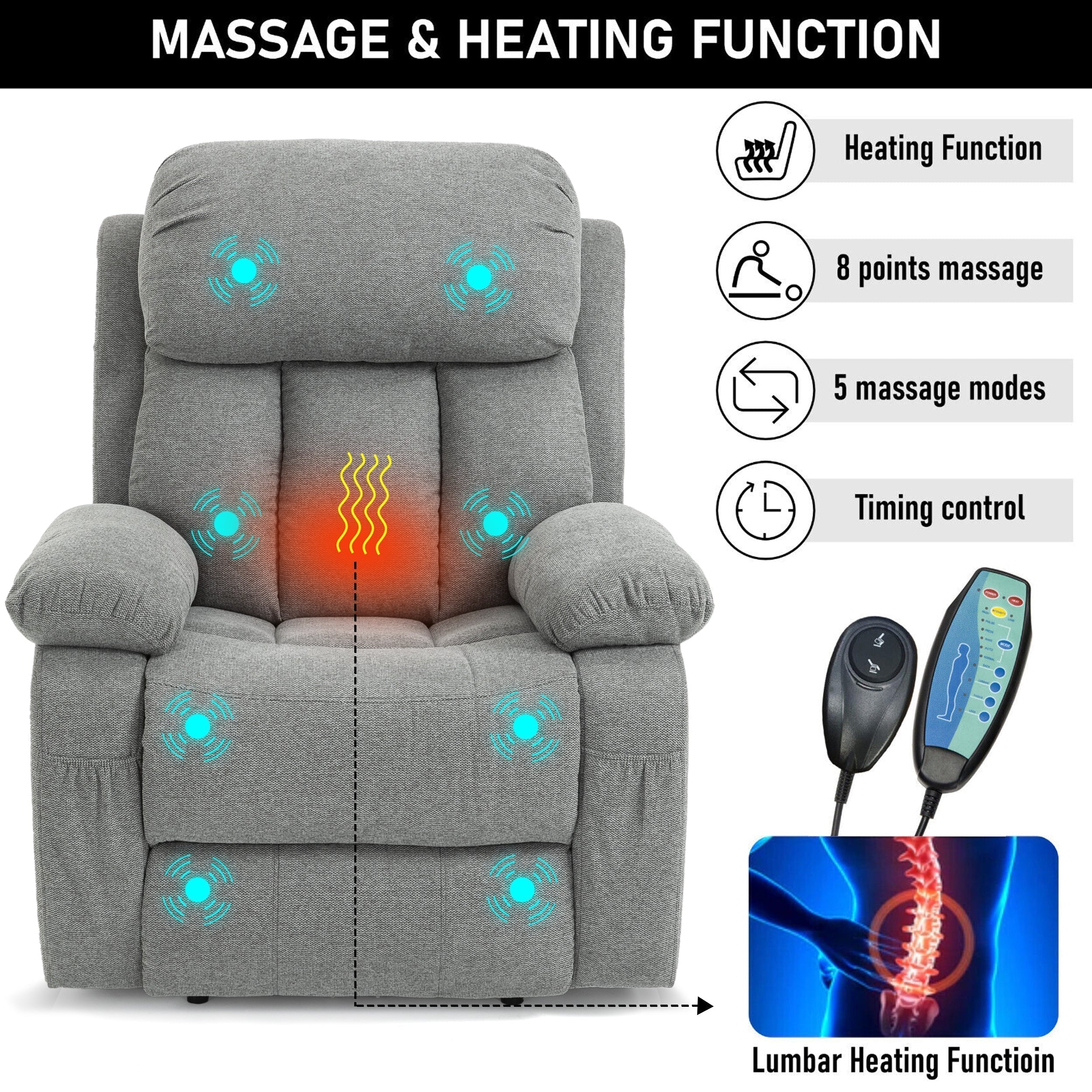 Bequemer grauer Heiz- und Massage-Stoffarmstuhl mit Lift-up 2