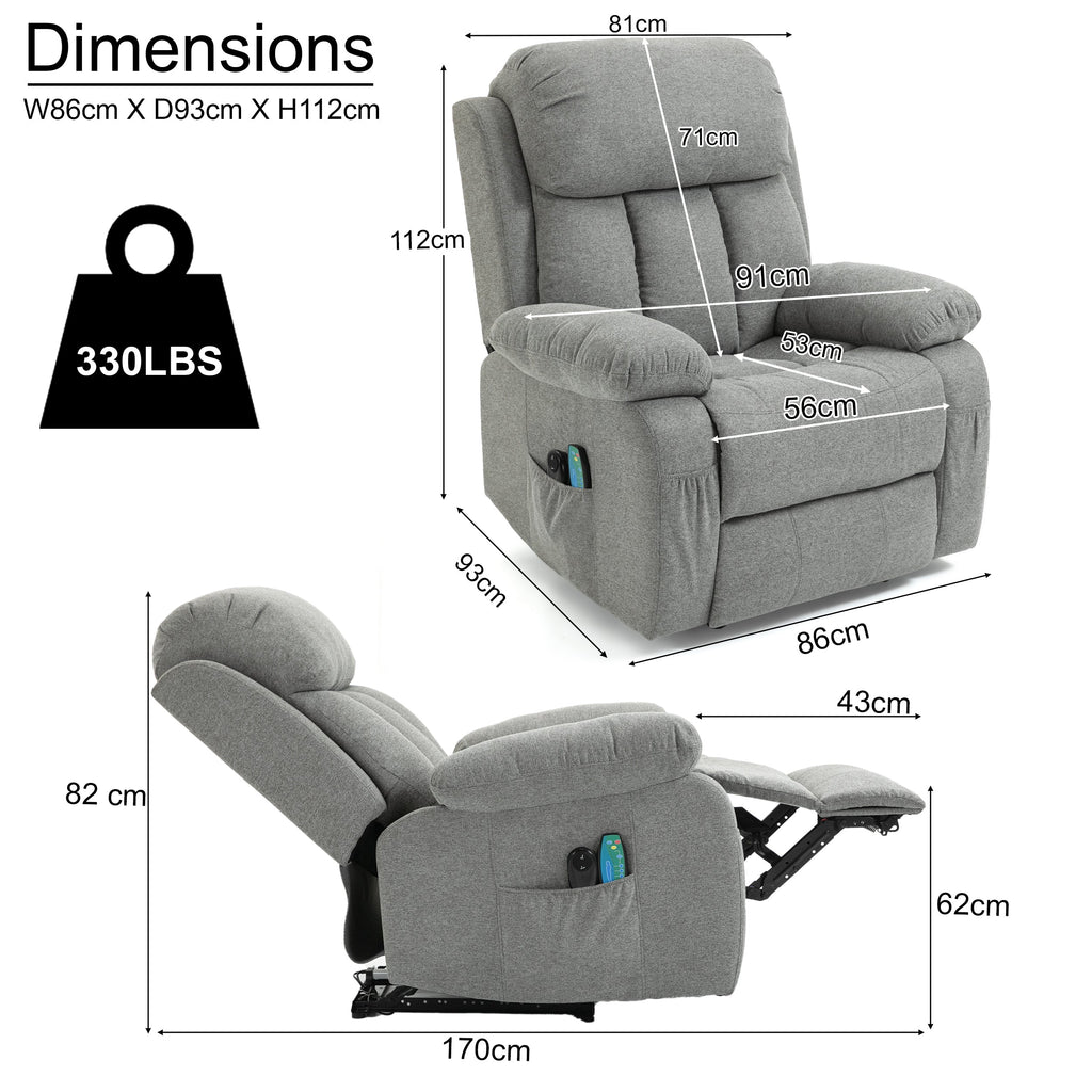 Bequemer grauer Heiz- und Massage-Stoffarmstuhl mit Lift-up 6