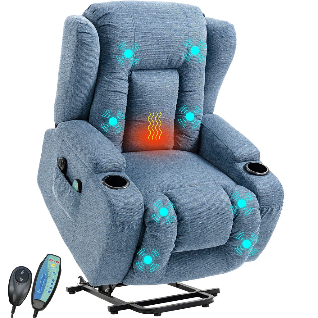 Blisswood Heizmassage Relaxsessel mit Liftfunktion in beruhigendem Blau.