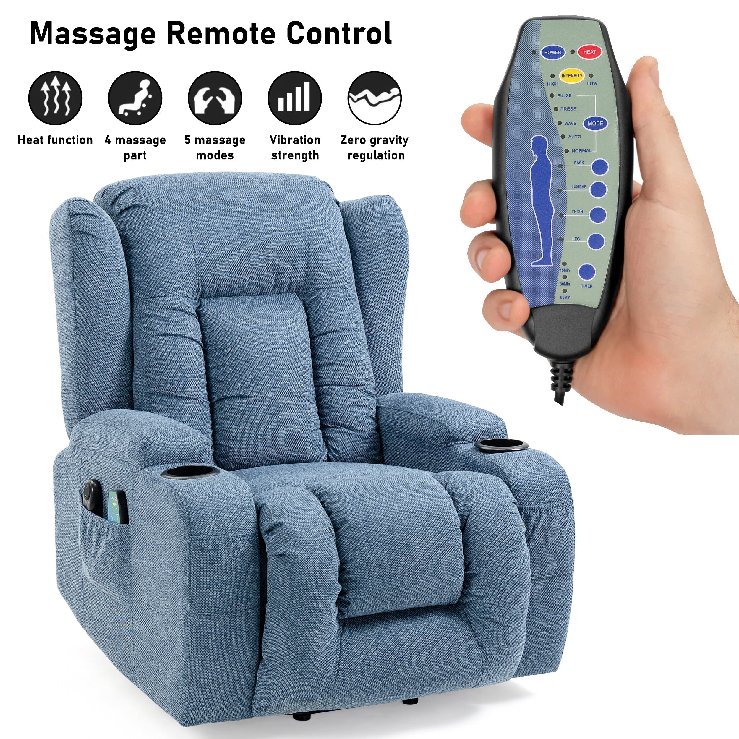 Blisswood Heizmassage Relaxsessel mit Liftfunktion in beruhigendem Blau. 4
