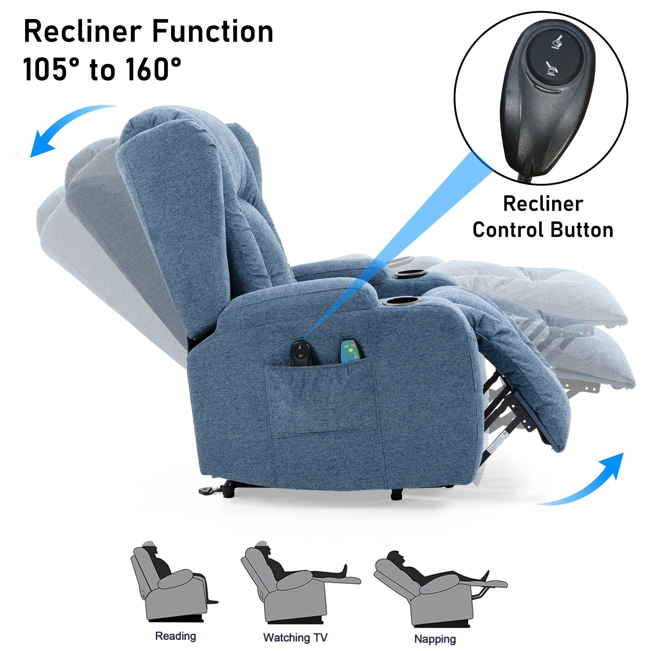 Blisswood Heizmassage Relaxsessel mit Liftfunktion in beruhigendem Blau. 6