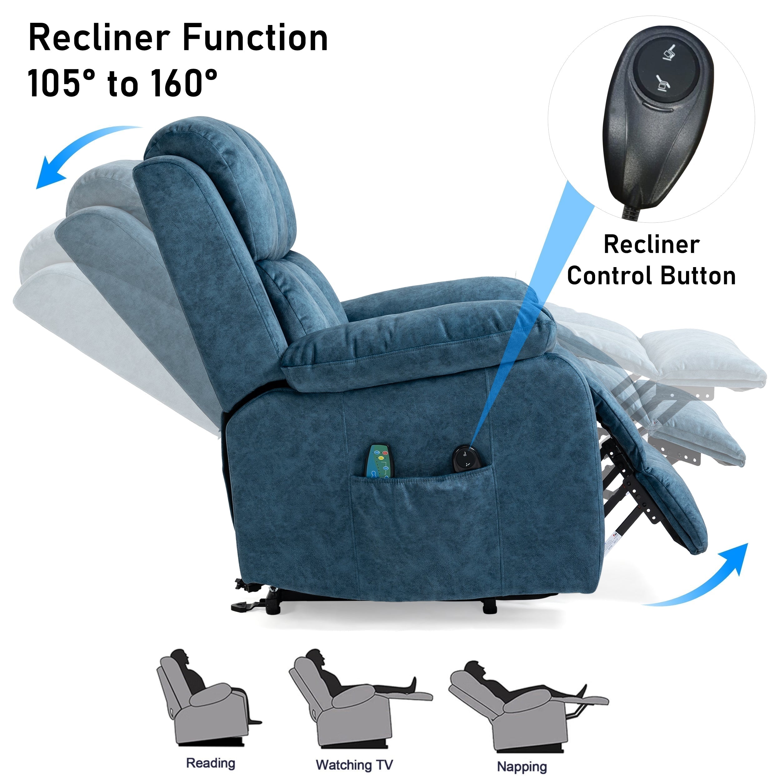 Bequemer schwer gepolsterter Samt Recliner mit Massage- und Heizfunktion 5