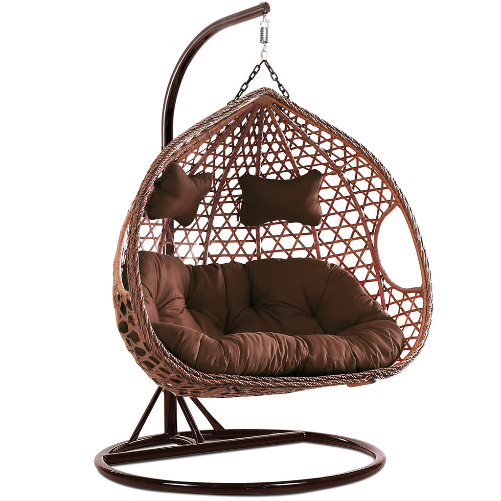 Doppelter Eierstuhl aus Jute und Rattan in Braun für Garten und Innenräume.