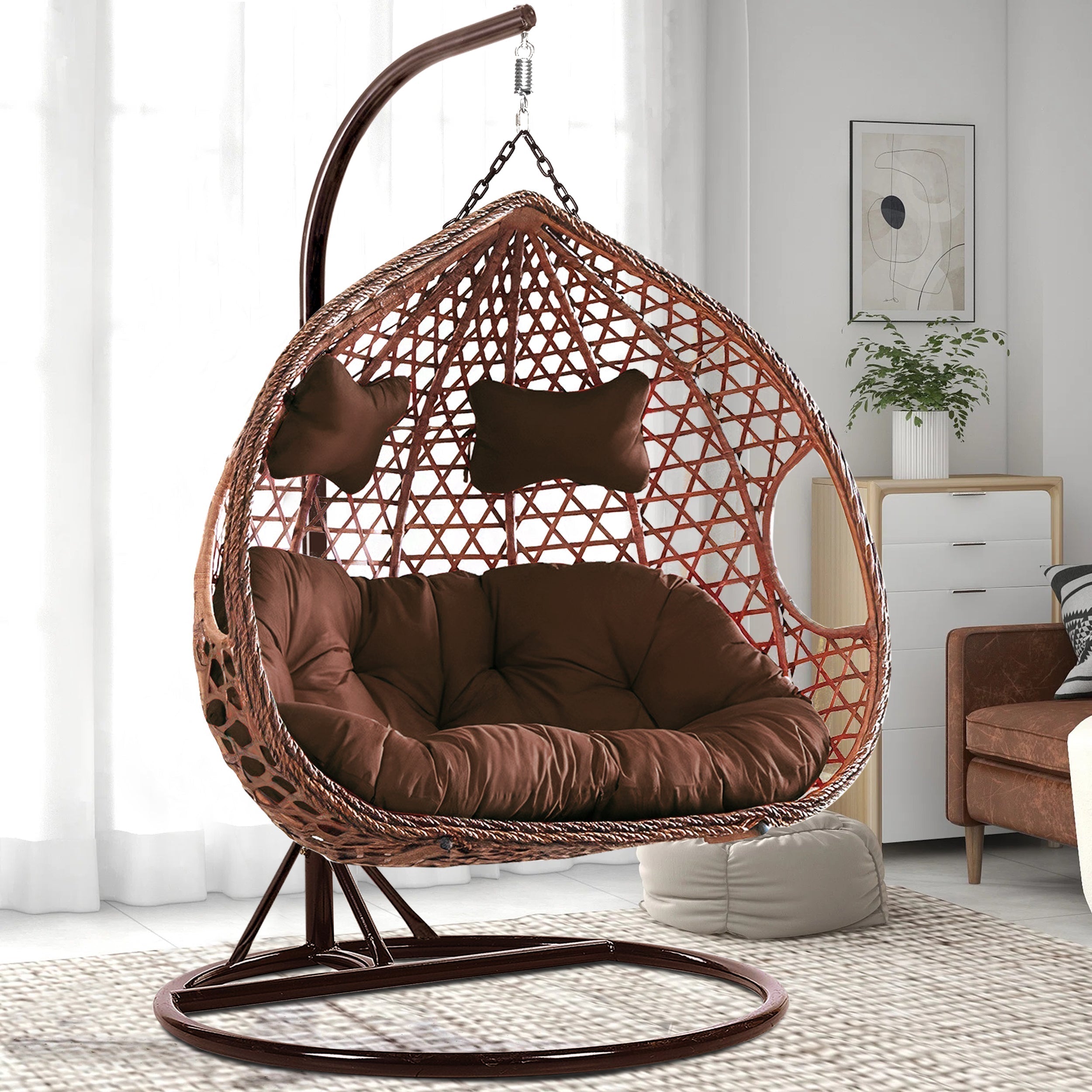 Doppelter Eierstuhl aus Jute und Rattan in Braun für Garten und Innenräume. 2