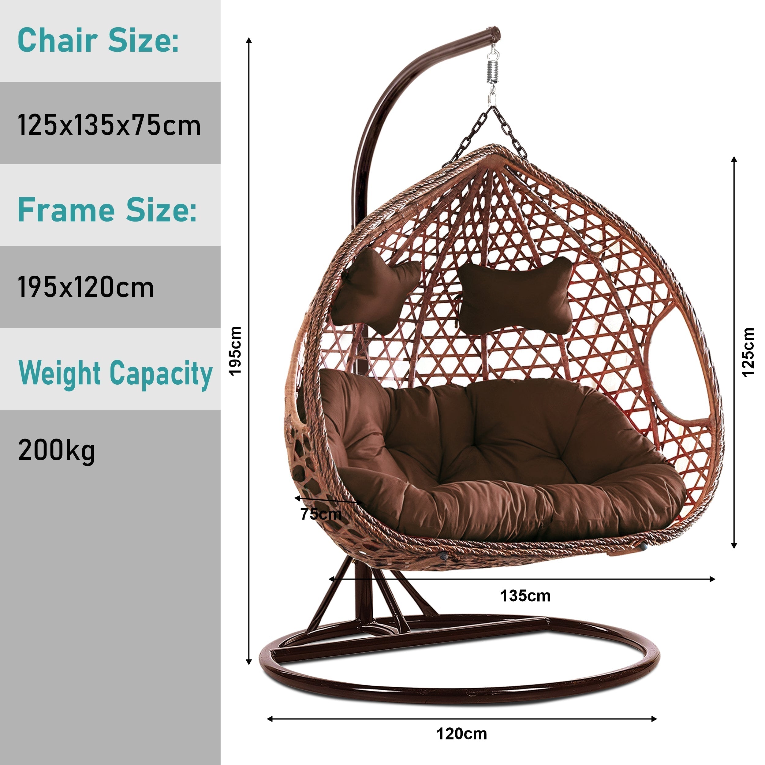 Doppelter Eierstuhl aus Jute und Rattan in Braun für Garten und Innenräume. 7