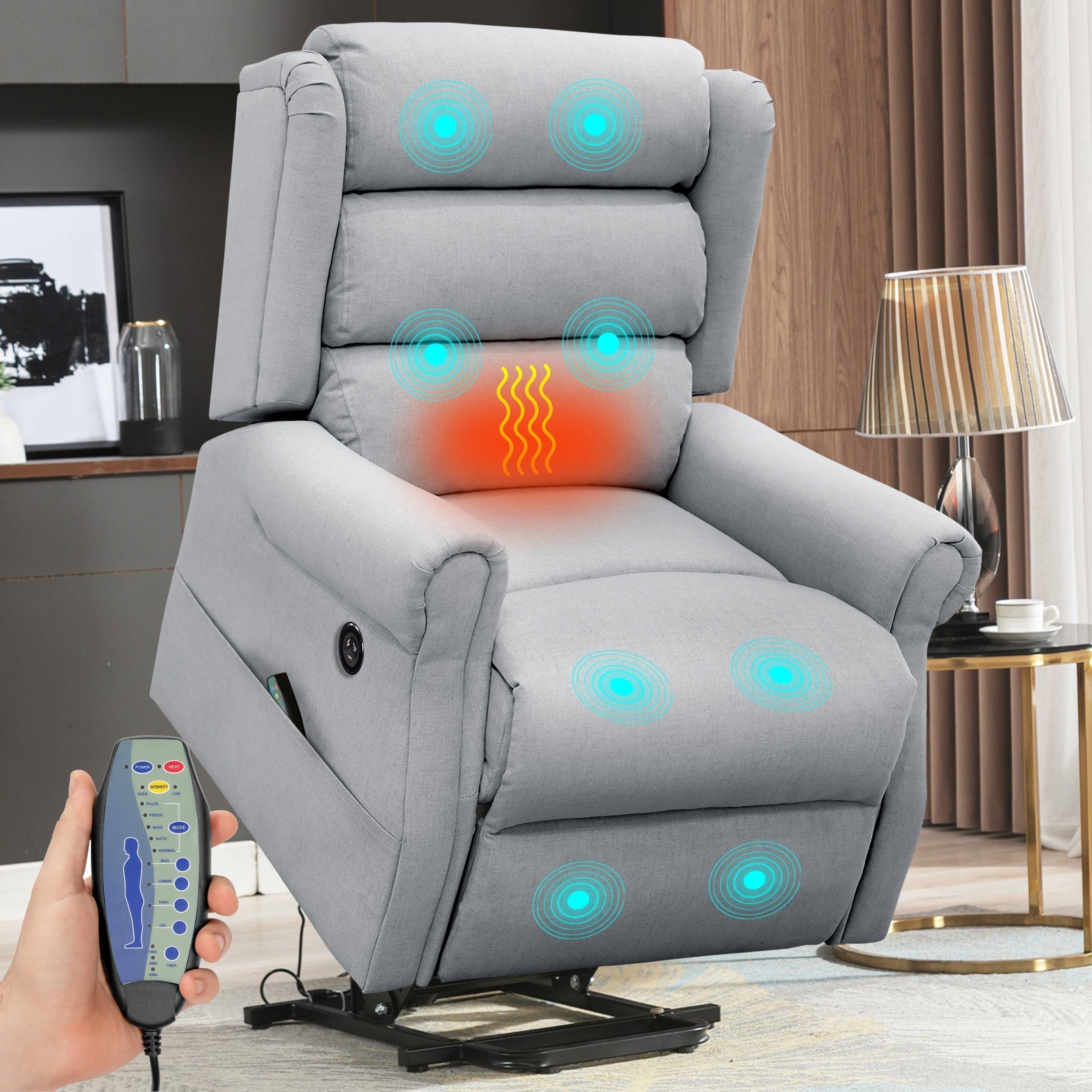 Heizbarer Massage-Sessel in grau mit Lift-Funktion und luxuriösem Design.