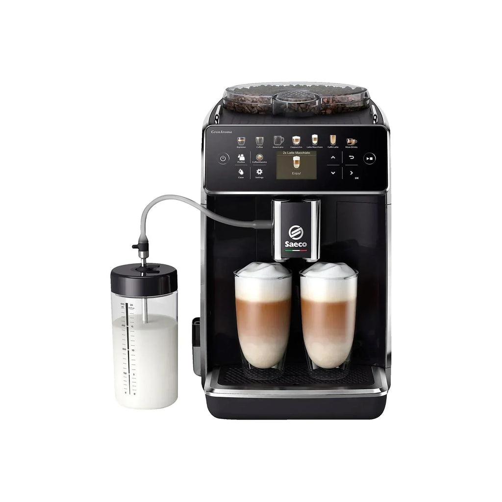 Eleganter SAECO GranAroma Kaffeevollautomat in Schwarz.
