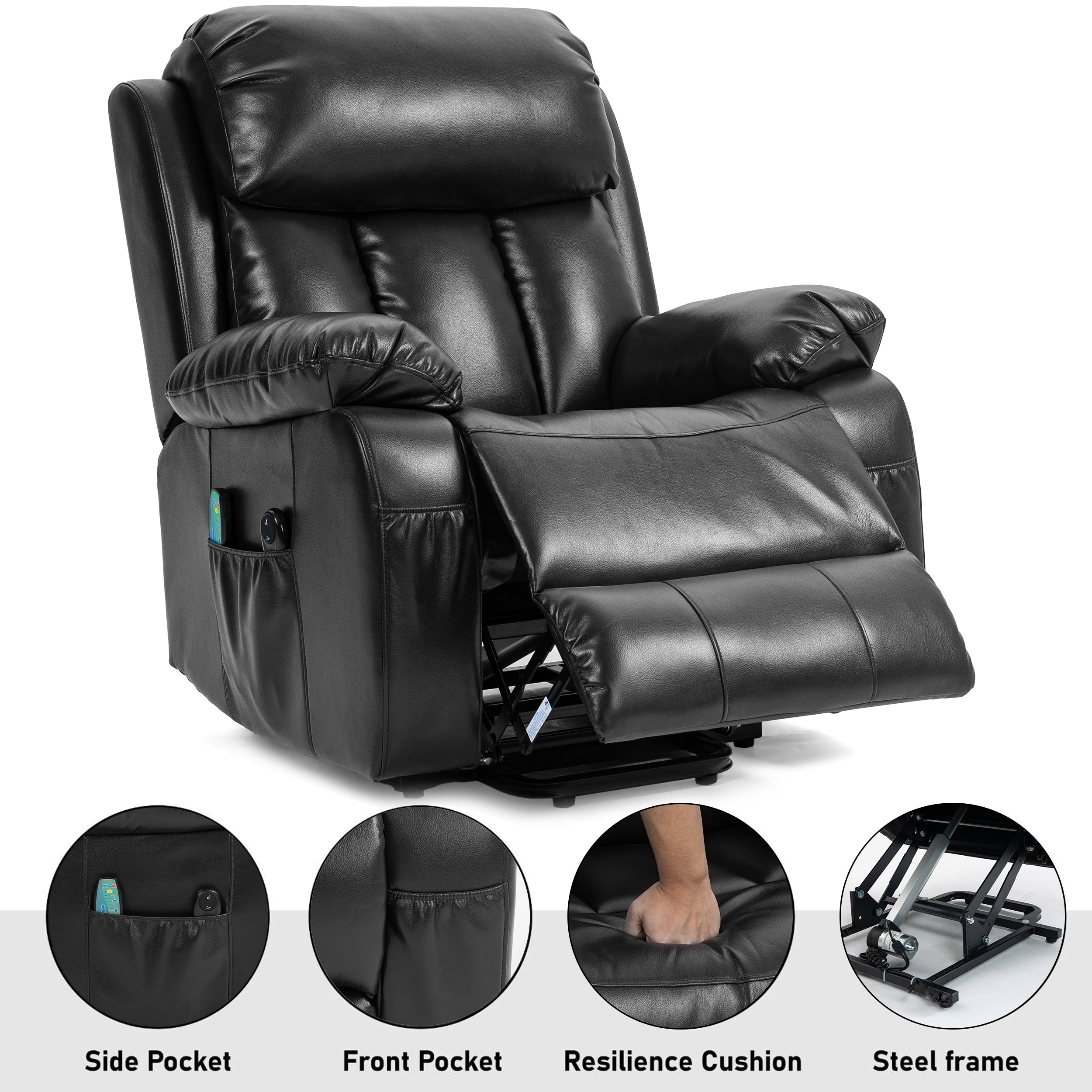Schwarzer Heiz- und Massage-Luftleder-Sessel mit Liftfunktion 3