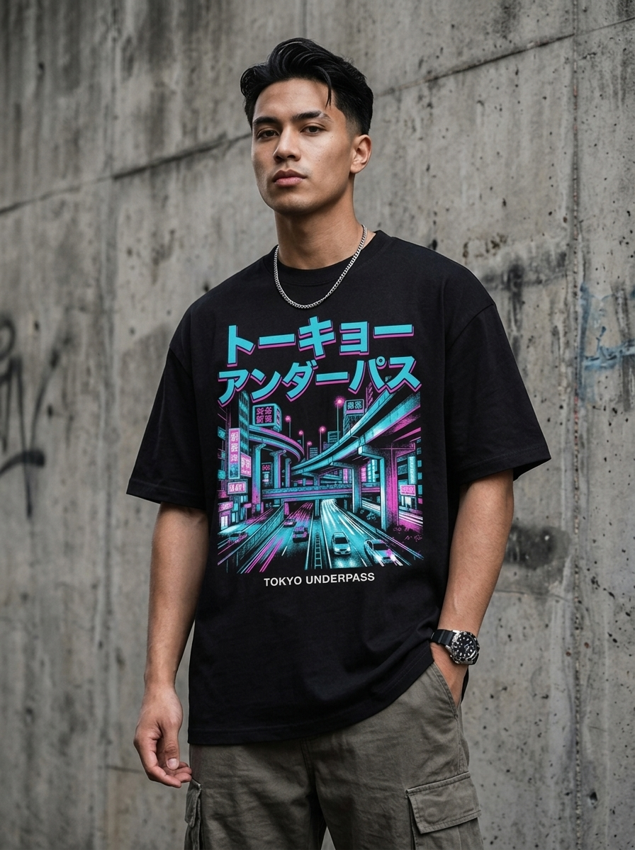 T-Shirt Streetwear "Tokyo Underpass" — Schwarz Oversize Oversize Streetwear T-Shirt – Detailansicht | StilWerk