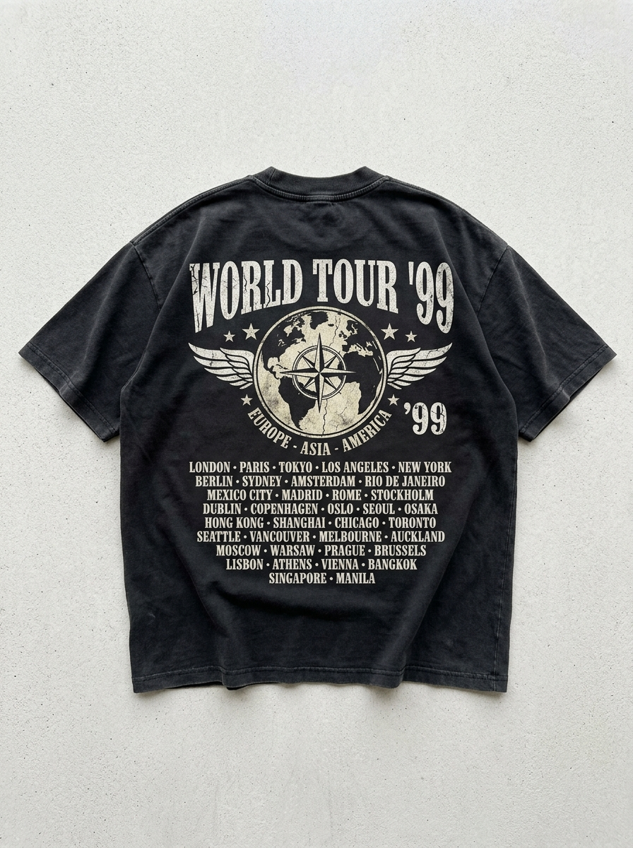 T-Shirt Streetwear "World Tour '99" — Faded Black Oversize Oversize Streetwear T-Shirt – Rückansicht | StilWerk