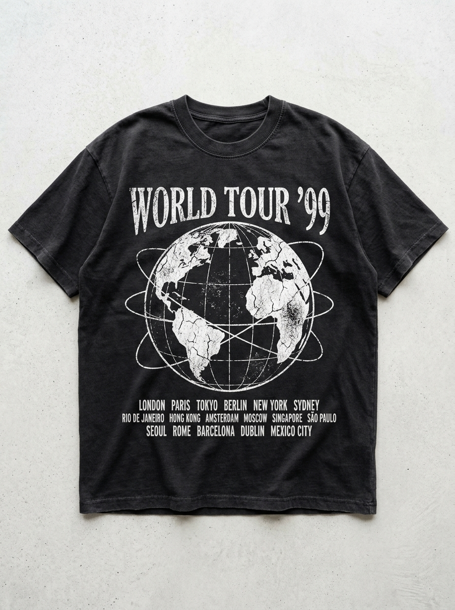 T-Shirt Streetwear "World Tour '99" — Faded Black Oversize Oversize Streetwear T-Shirt – Frontansicht | StilWerk