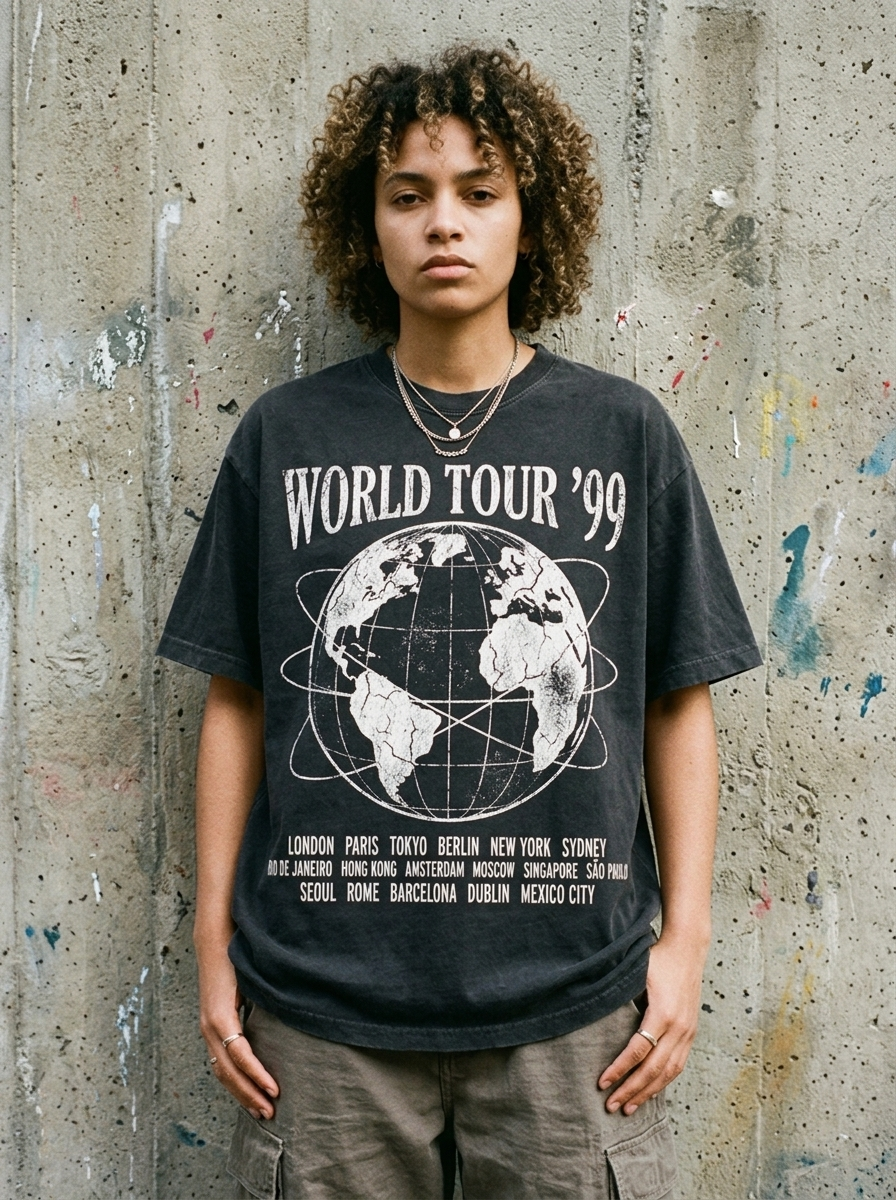 T-Shirt Streetwear "World Tour '99" — Faded Black Oversize Oversize Streetwear T-Shirt – Detailansicht | StilWerk